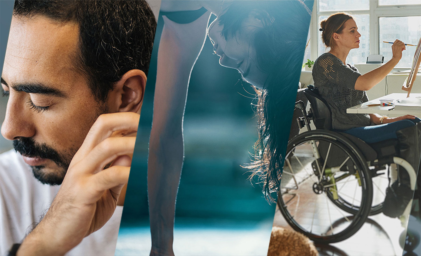 Три з’єднані між собою зображення, на яких показано людину із заплющеними очима, людину, що робить стійку на руках, і людину в інвалідному візку, яка малює на полотні.