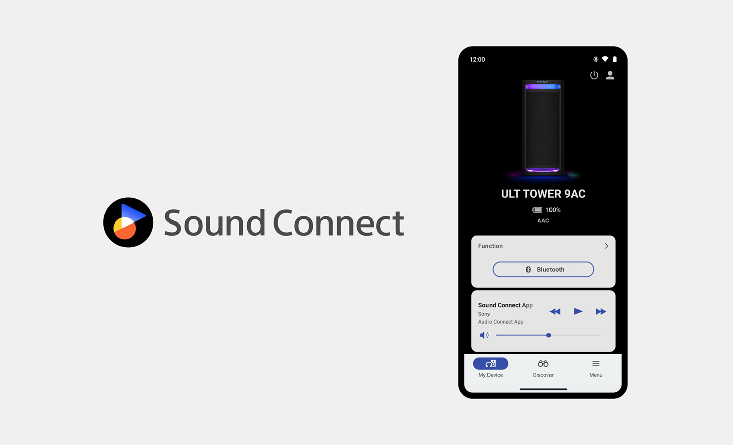 Логотип Sound Connect поруч із зображенням мобільного телефона, на екрані якого відкрито додаток Sony Connect, що використовується