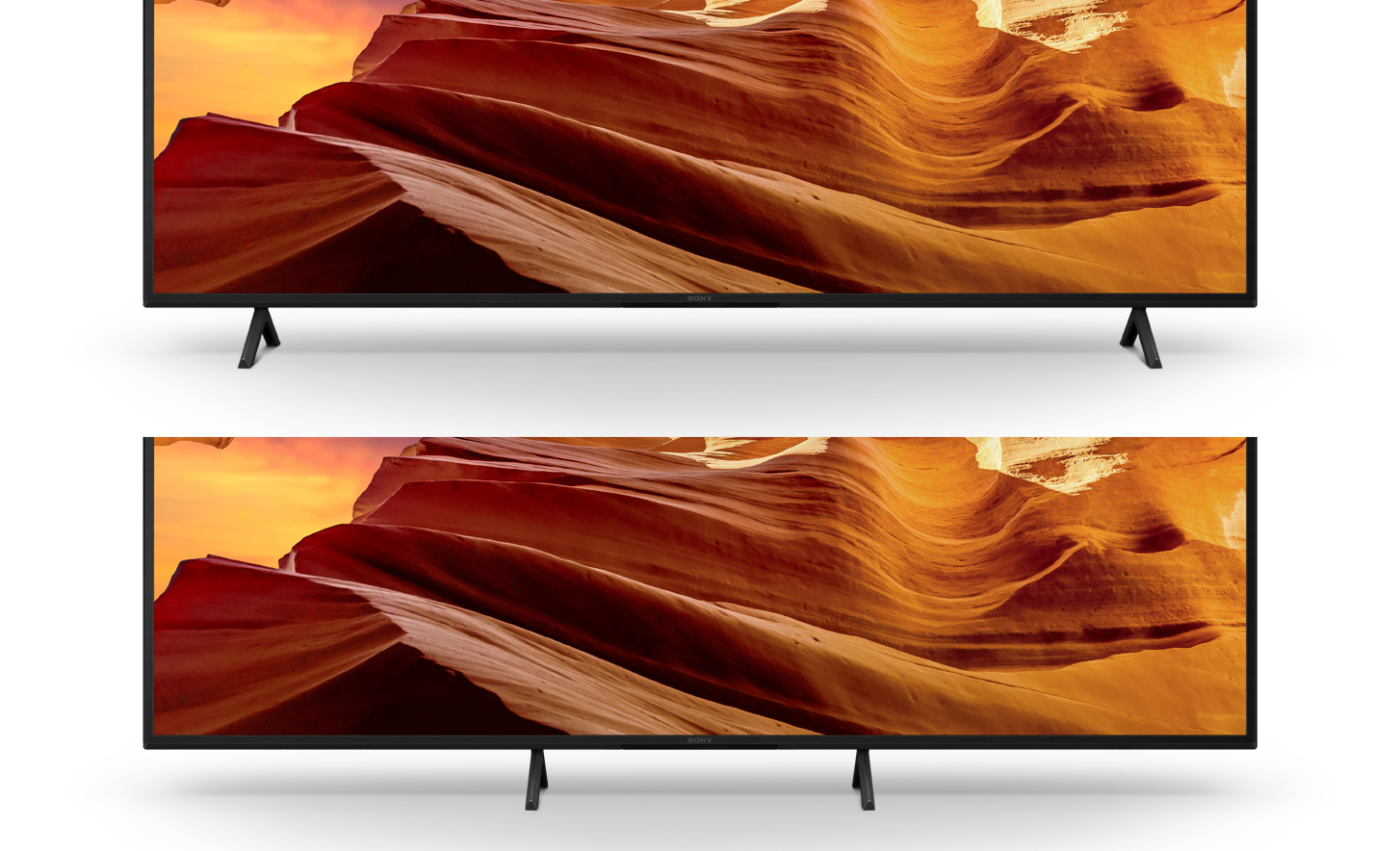 Два зображення телевізора: із широкою підставкою вгорі та вузькою внизу; на знімках екрана показано скелястий пейзаж