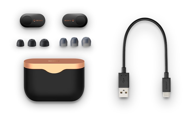 Зображення навушників WF-1000XM3 з футляром для заряджання, кабелем USB-C та різними варіантами вушних вкладок